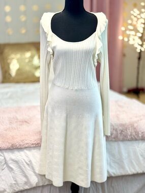 Cato Cream Ribbed Knit Dress Ruffle Strap Long Sleeve Fit & Flare NWT M
